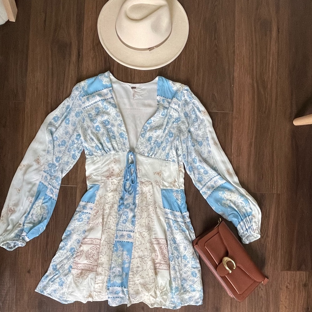 Free People Light Blue and Cream Patchwork Mini Dress